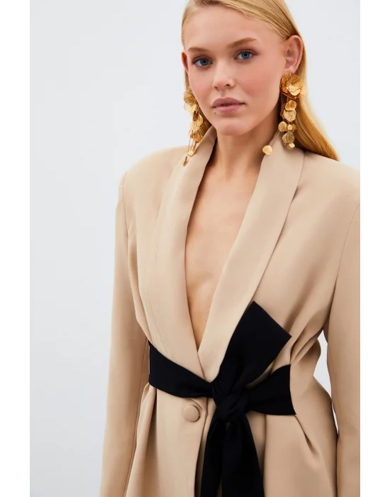 Beli Kuşaklı Uzun Ceket - BEJ
