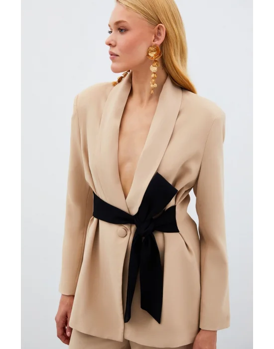 Beli Kuşaklı Uzun Ceket - BEJ