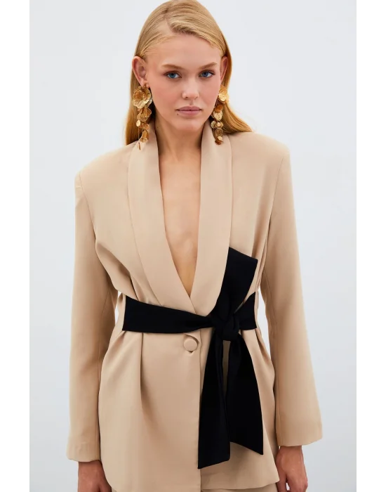 Beli Kuşaklı Uzun Ceket - BEJ
