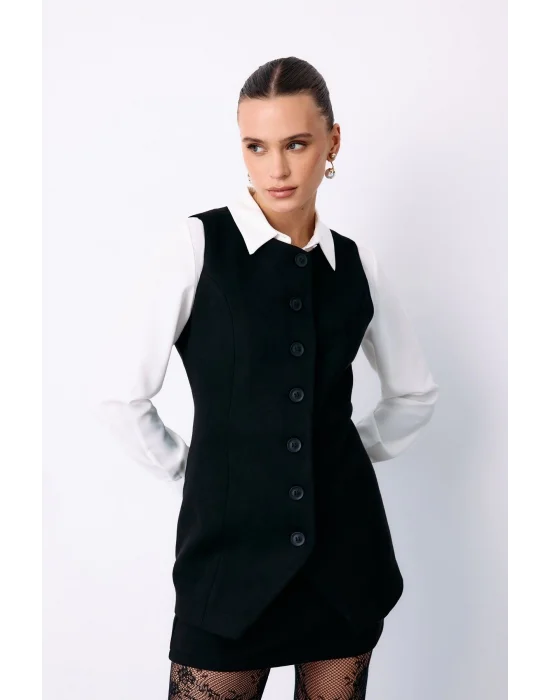 Düğmeli Uzun Süet Yelek - SİYAH