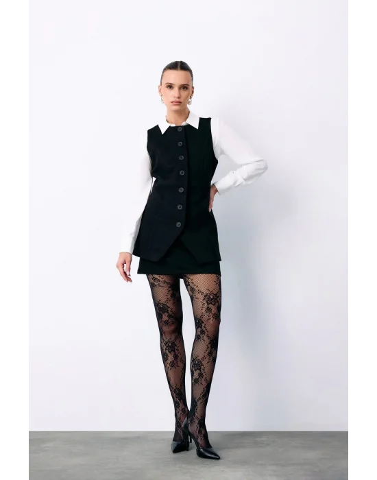 Düğmeli Uzun Süet Yelek - SİYAH