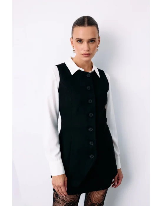 Düğmeli Uzun Süet Yelek - SİYAH