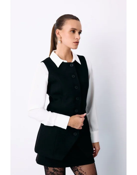 Düğmeli Uzun Süet Yelek - SİYAH