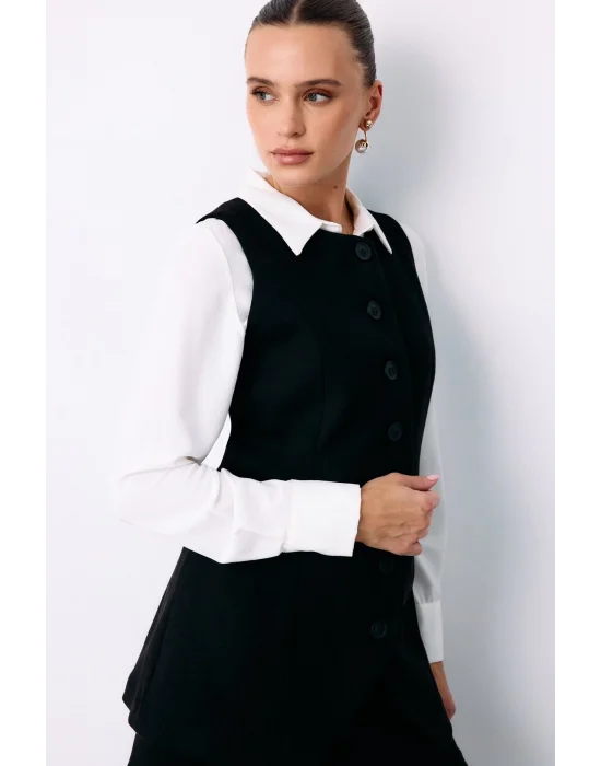 Düğmeli Uzun Süet Yelek - SİYAH