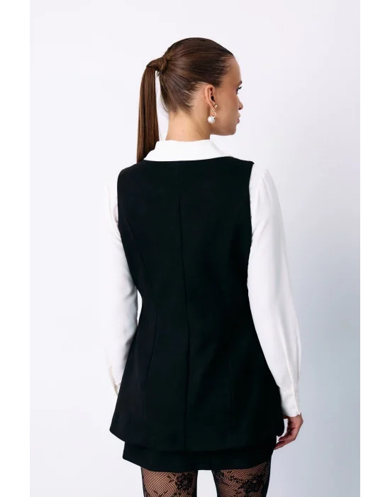 Düğmeli Uzun Süet Yelek - SİYAH