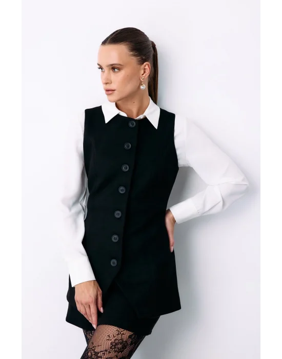 Düğmeli Uzun Süet Yelek - SİYAH