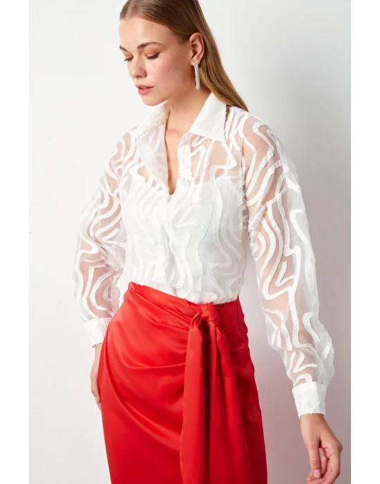 Desenli Tül Gömlek - EKRU