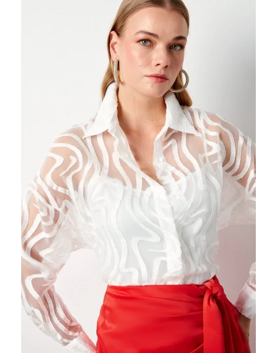 Desenli Tül Gömlek - EKRU