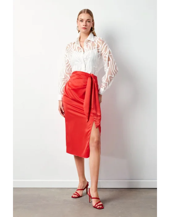 Desenli Tül Gömlek - EKRU