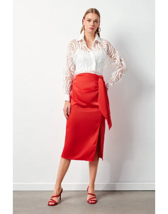 Desenli Tül Gömlek - EKRU