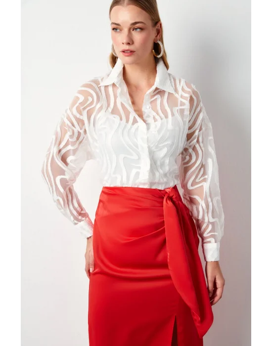 Desenli Tül Gömlek - EKRU