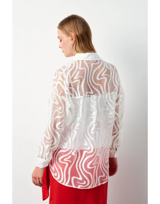 Desenli Tül Gömlek - EKRU