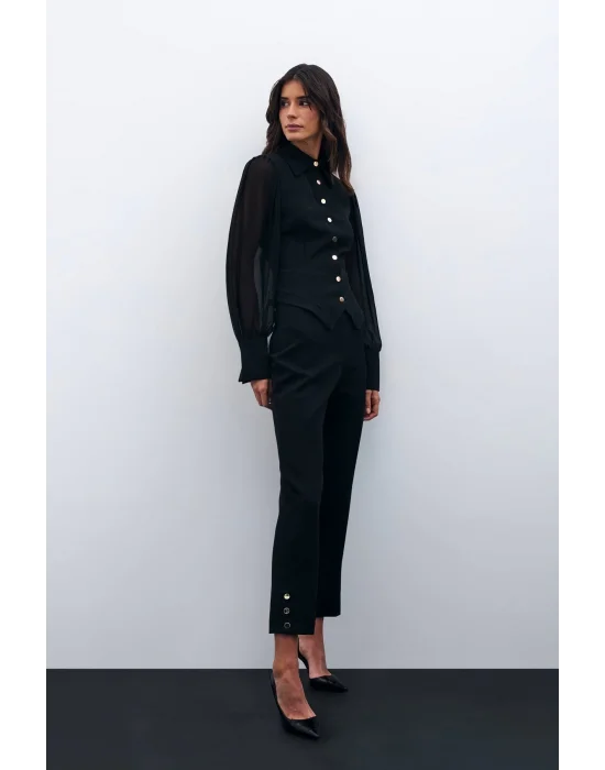 Paça Çıtçıt Detaylı Pantolon - Siyah