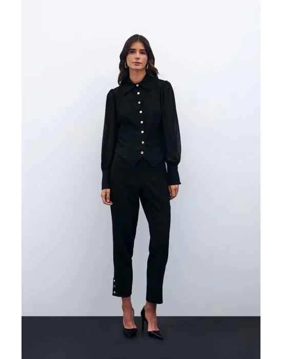 Paça Çıtçıt Detaylı Pantolon - Siyah