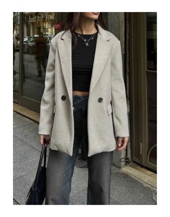 Tek Düğme Detay Tüylü İthal Kaşe Ceket