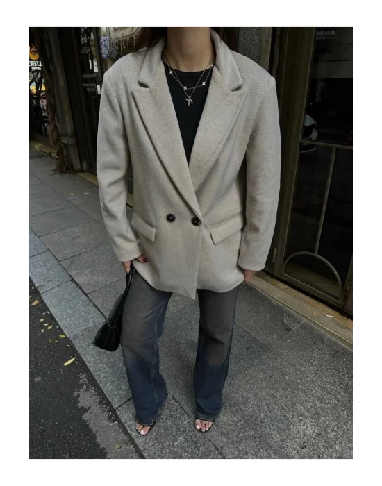 Tek Düğme Detay Tüylü İthal Kaşe Ceket