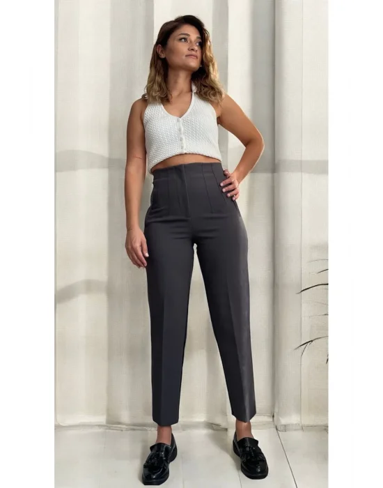 Koyu Gri Önü Filatolu Kumaş Pantolon