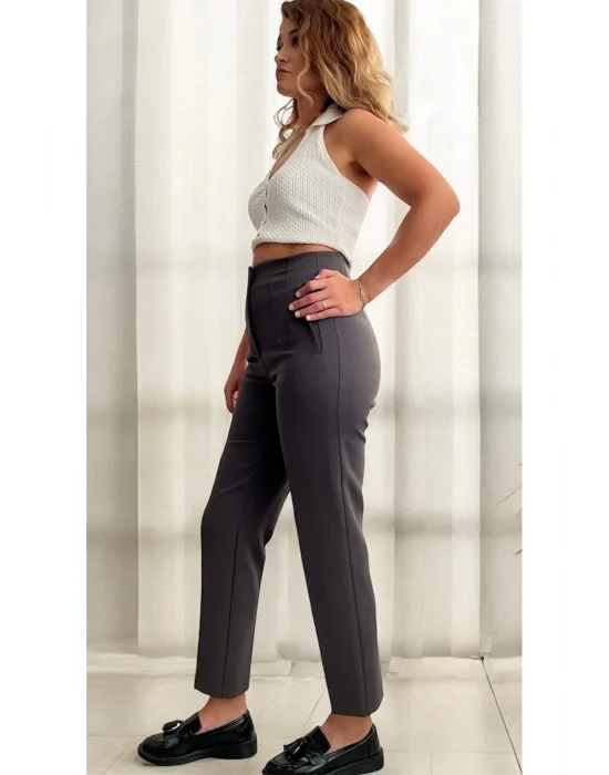 Koyu Gri Önü Filatolu Kumaş Pantolon