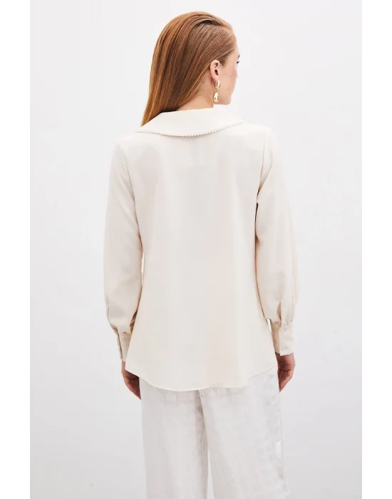 Degaje Yaka Incili Salaş Bluz - Bej