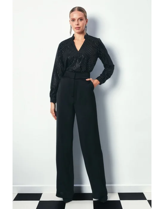 Kruvaze Parlak Çizgili Bluz - SİYAH