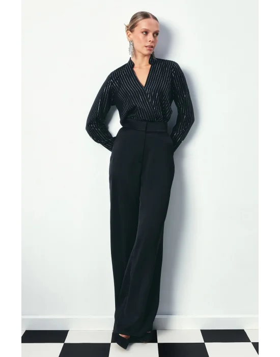 Kruvaze Parlak Çizgili Bluz - SİYAH