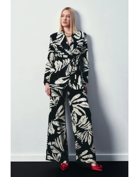 Çiçek Desenli Saten Pantolon - SİYAH