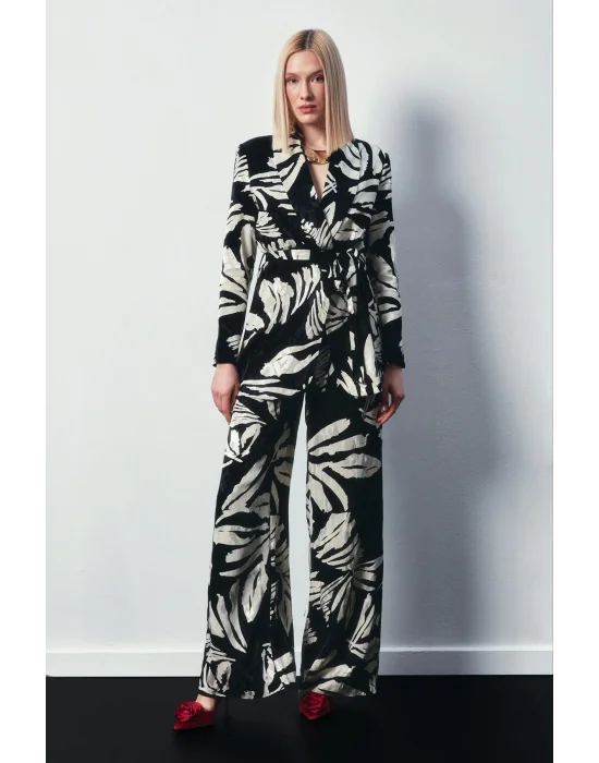 Çiçek Desenli Saten Pantolon - SİYAH