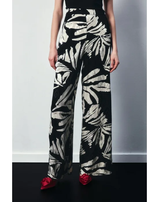 Çiçek Desenli Saten Pantolon - SİYAH