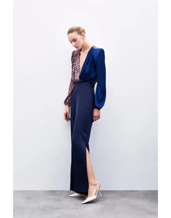 Yırtmaç Detaylı Saten Pantolon - Lacivert