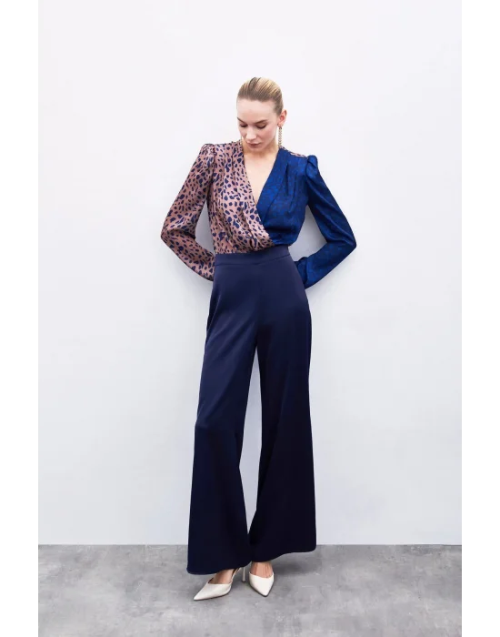 Yırtmaç Detaylı Saten Pantolon - Lacivert