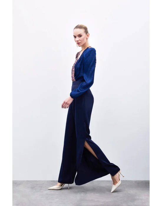 Yırtmaç Detaylı Saten Pantolon - Lacivert