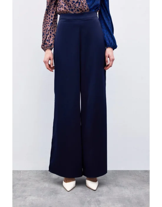 Yırtmaç Detaylı Saten Pantolon - Lacivert