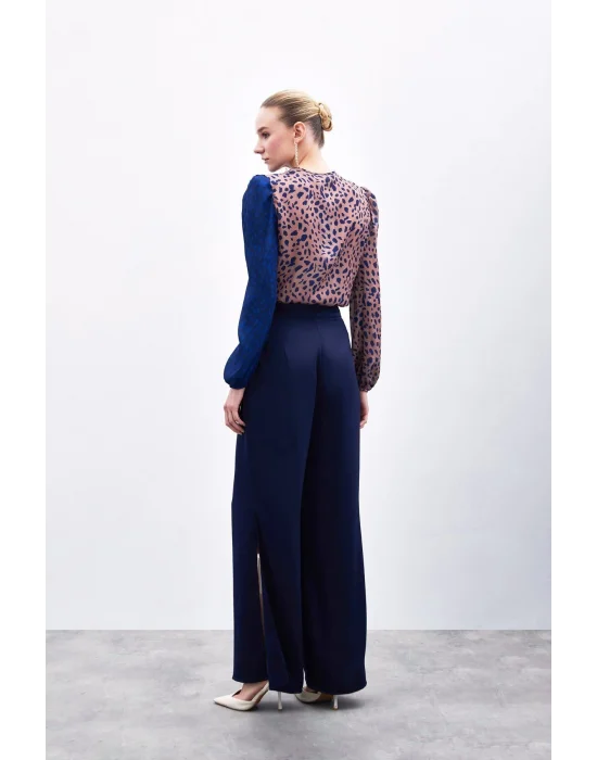 Yırtmaç Detaylı Saten Pantolon - Lacivert