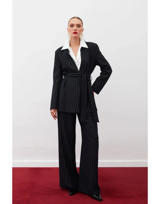 Simli Çizgili Pantolon - SİYAH ÇİZGİLİ