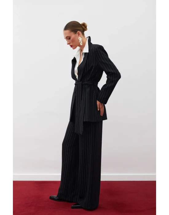 Simli Çizgili Pantolon - SİYAH ÇİZGİLİ