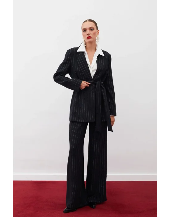 Simli Çizgili Pantolon - SİYAH ÇİZGİLİ