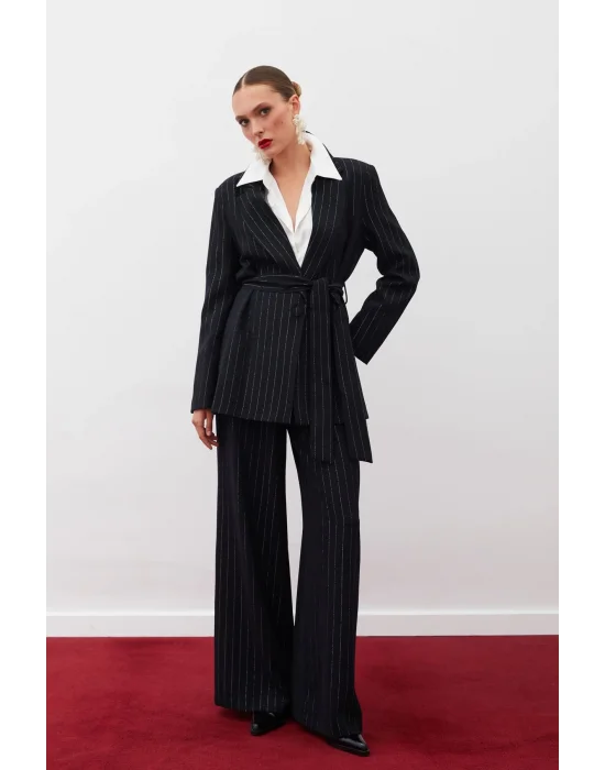 Simli Çizgili Pantolon - SİYAH ÇİZGİLİ