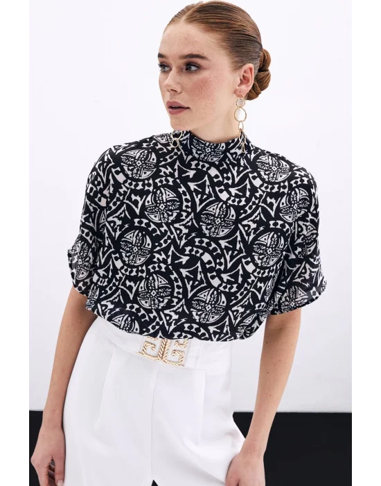 Kısa Kol Desenli Bluz - Siyah