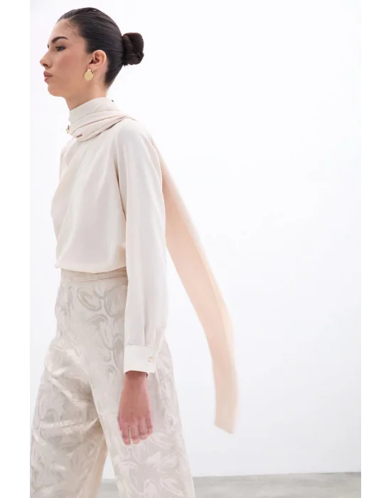 Şal Detaylı Bluz - Bej