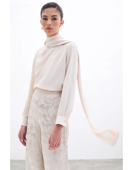 Şal Detaylı Bluz - Bej