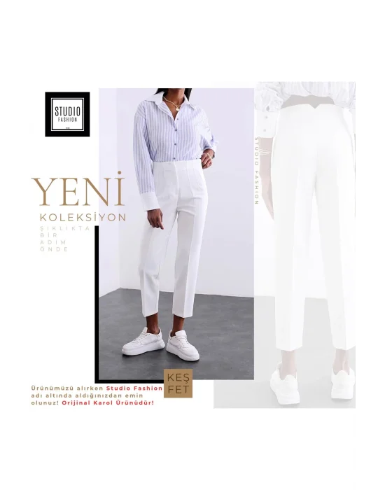 Kadın Beyaz Önü Flatolu Yüksek Bel Zr Model Kumaş Pantolon