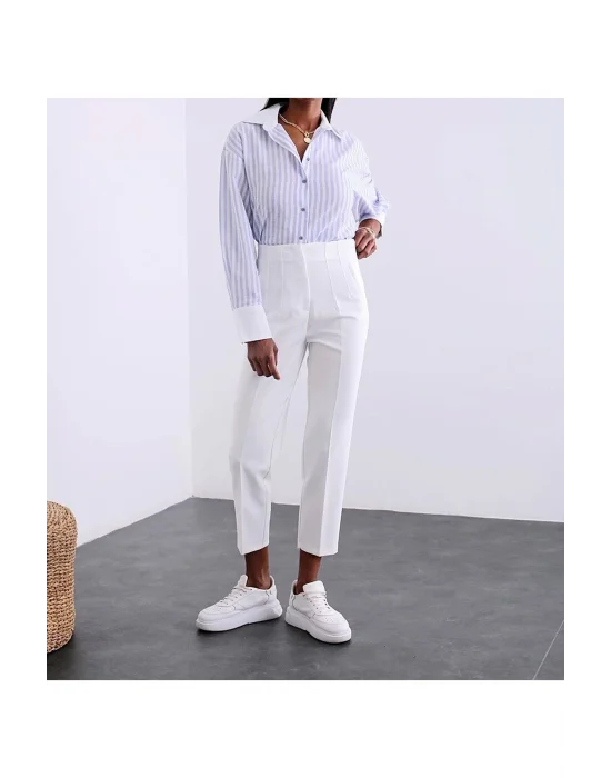 Kadın Beyaz Önü Flatolu Yüksek Bel Zr Model Kumaş Pantolon