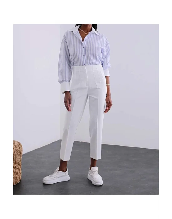 Kadın Beyaz Önü Flatolu Yüksek Bel Zr Model Kumaş Pantolon