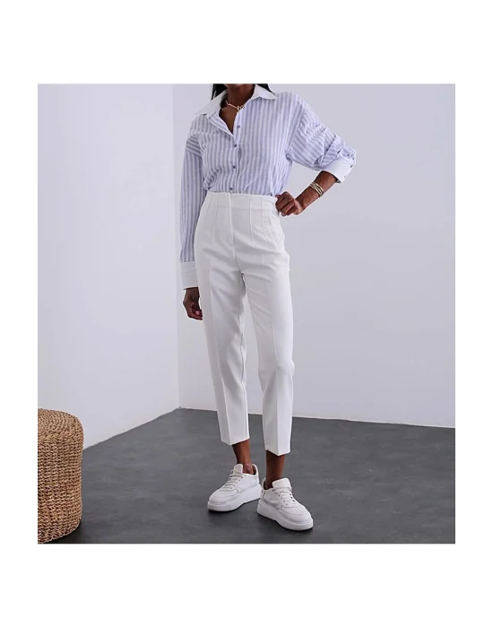 Kadın Beyaz Önü Flatolu Yüksek Bel Zr Model Kumaş Pantolon