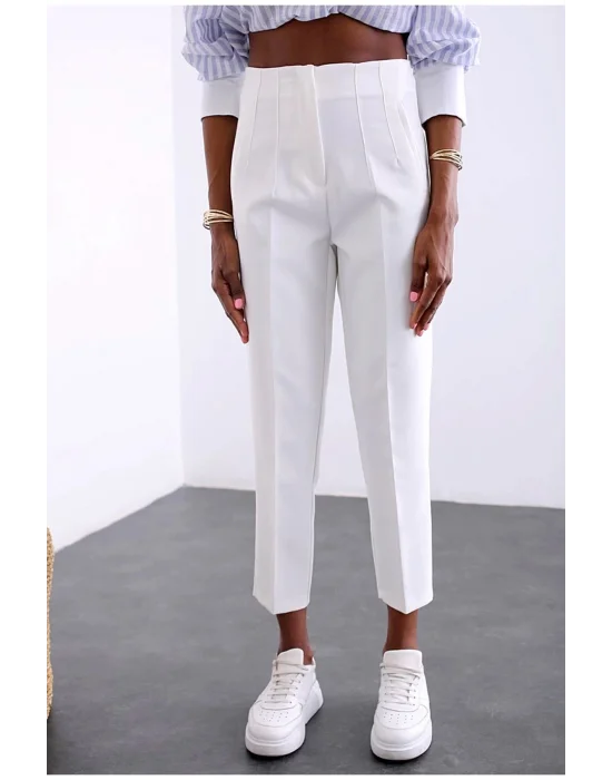 Kadın Beyaz Önü Flatolu Yüksek Bel Zr Model Kumaş Pantolon