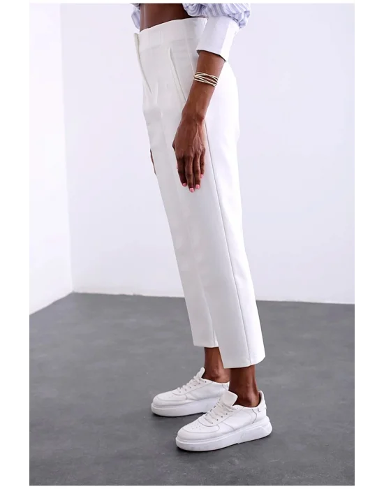 Kadın Beyaz Önü Flatolu Yüksek Bel Zr Model Kumaş Pantolon