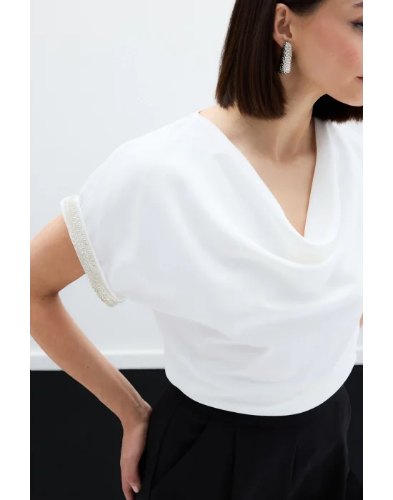 Kollar Taş Detaylı Salaş Bluz - Ekru