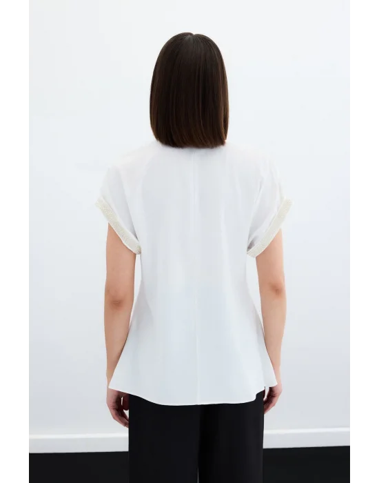 Kollar Taş Detaylı Salaş Bluz - Ekru