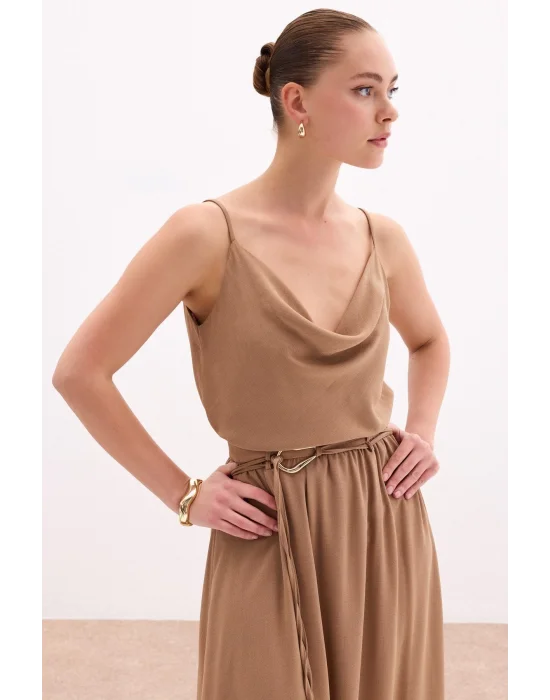 Degaje Yaka Dökümlü Bluz - Vizon