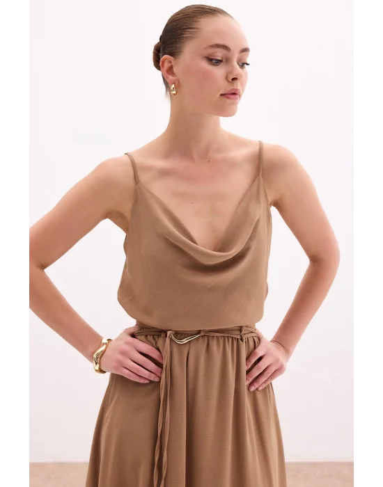 Degaje Yaka Dökümlü Bluz - Vizon